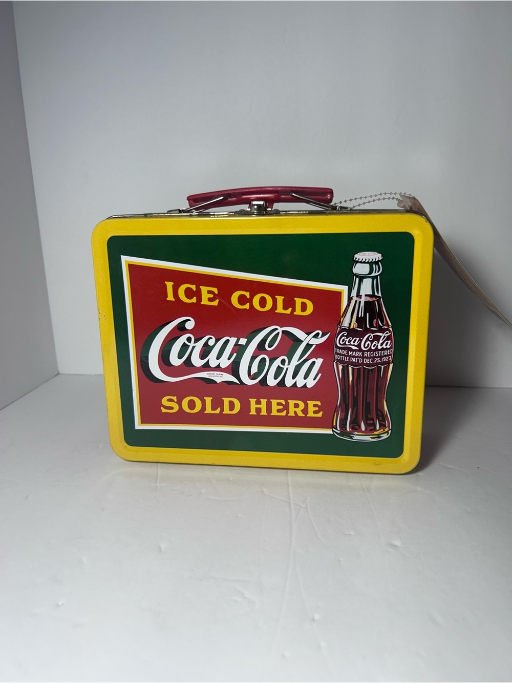 Coca Cola Yellow & Green Metal Lunchbox with Red Handle